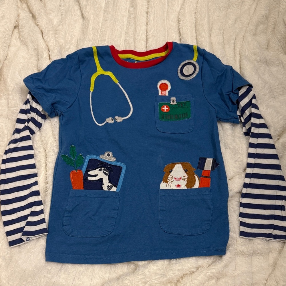 Mini Boden Appliqué “Vet” Blue Kids Shirt with Striped Sleeves